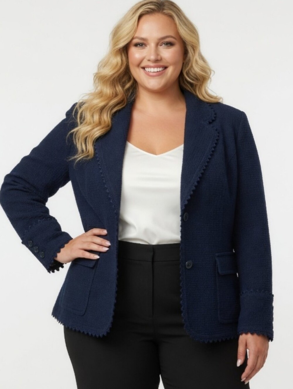 Dialogue Navy Cotton Scallop-Trim Textured Plus Blazer (Size:28W)